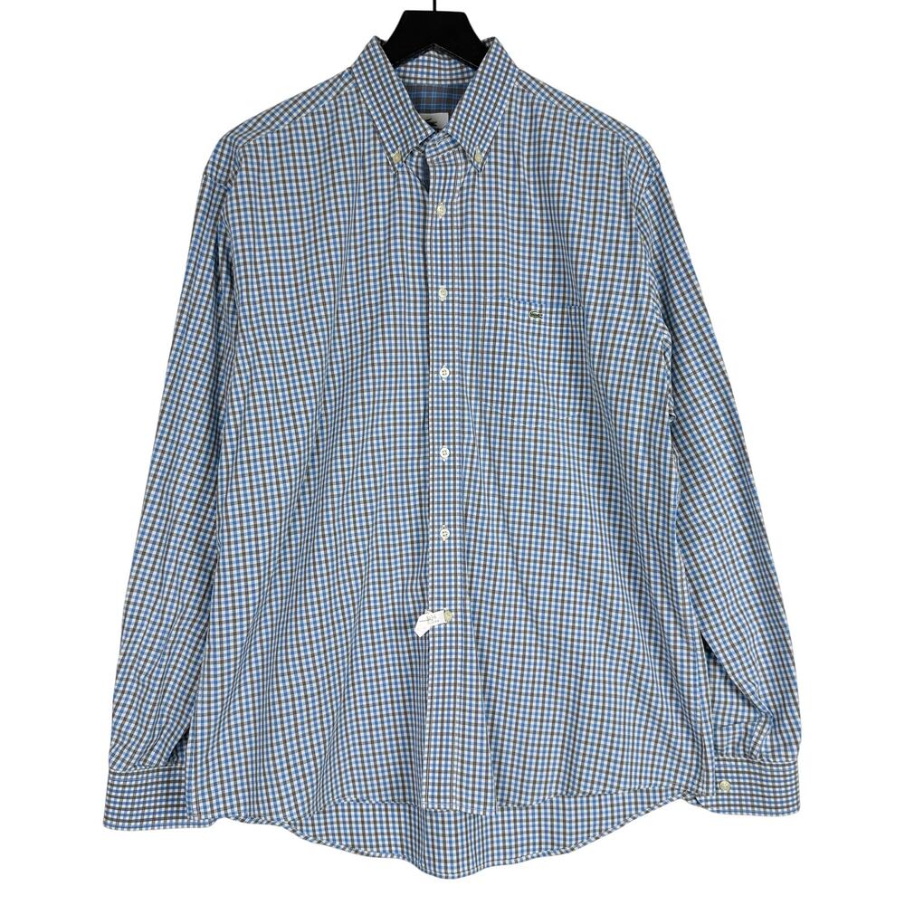 Lacoste Mens Dress Shirt Blue Gray Plaid - 44 (XL US)